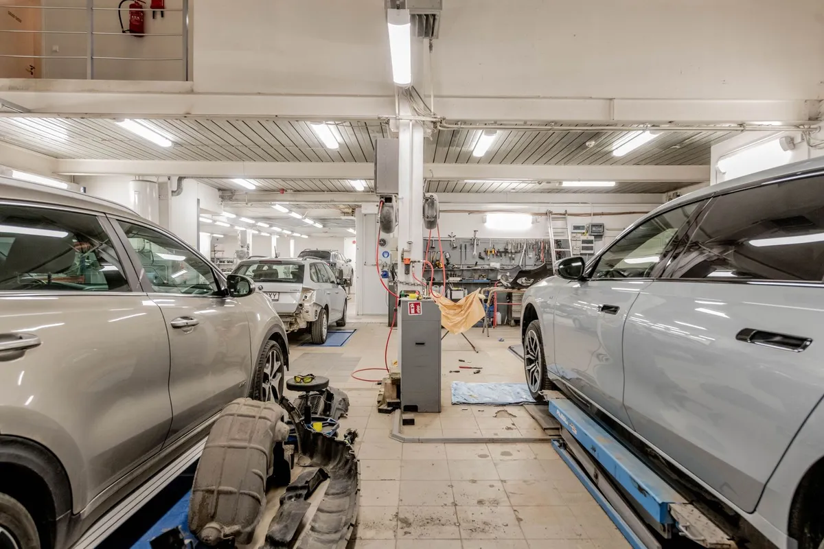 Inside the Meridian Auto Body repair shop