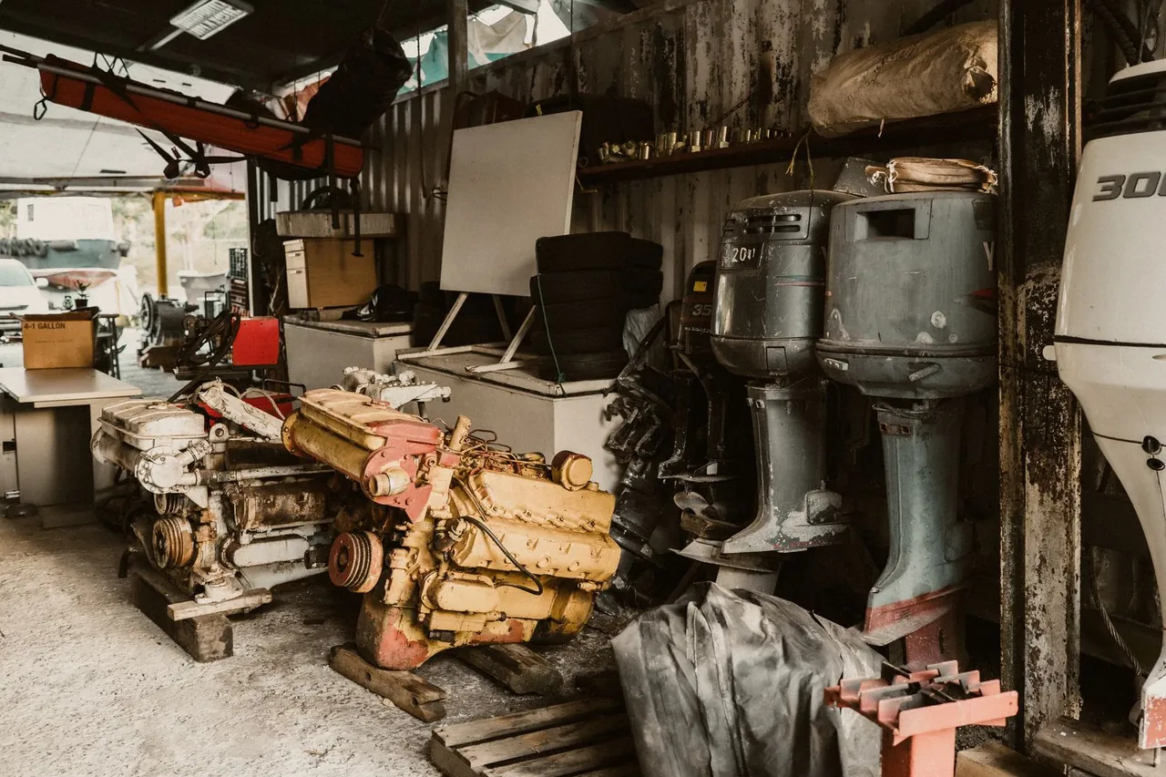 Outboard motors lined up in the workshop
