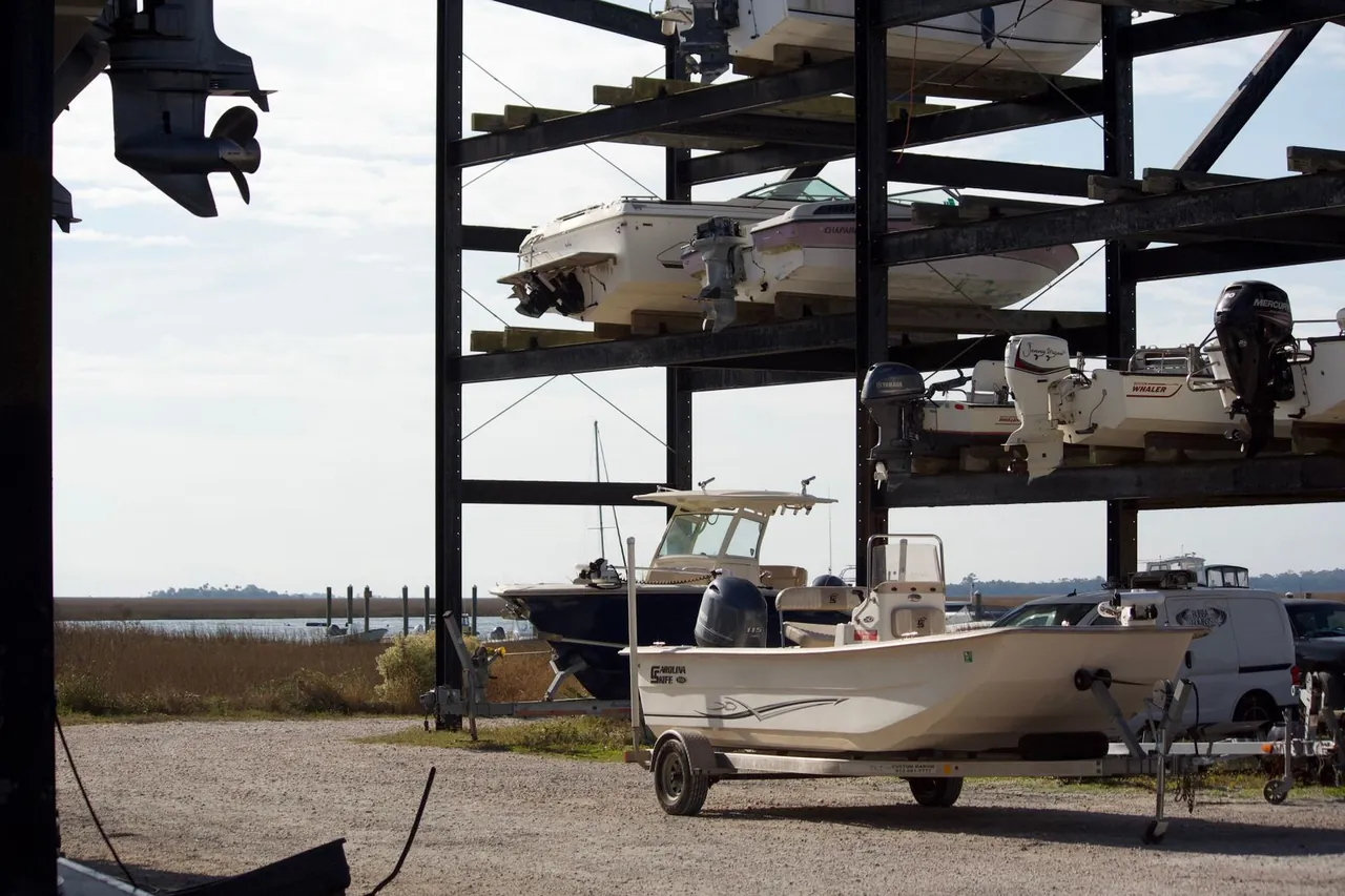 Boats stacked in rack storage