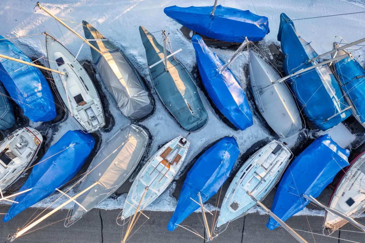 Sailboats wrapped and stored for winter