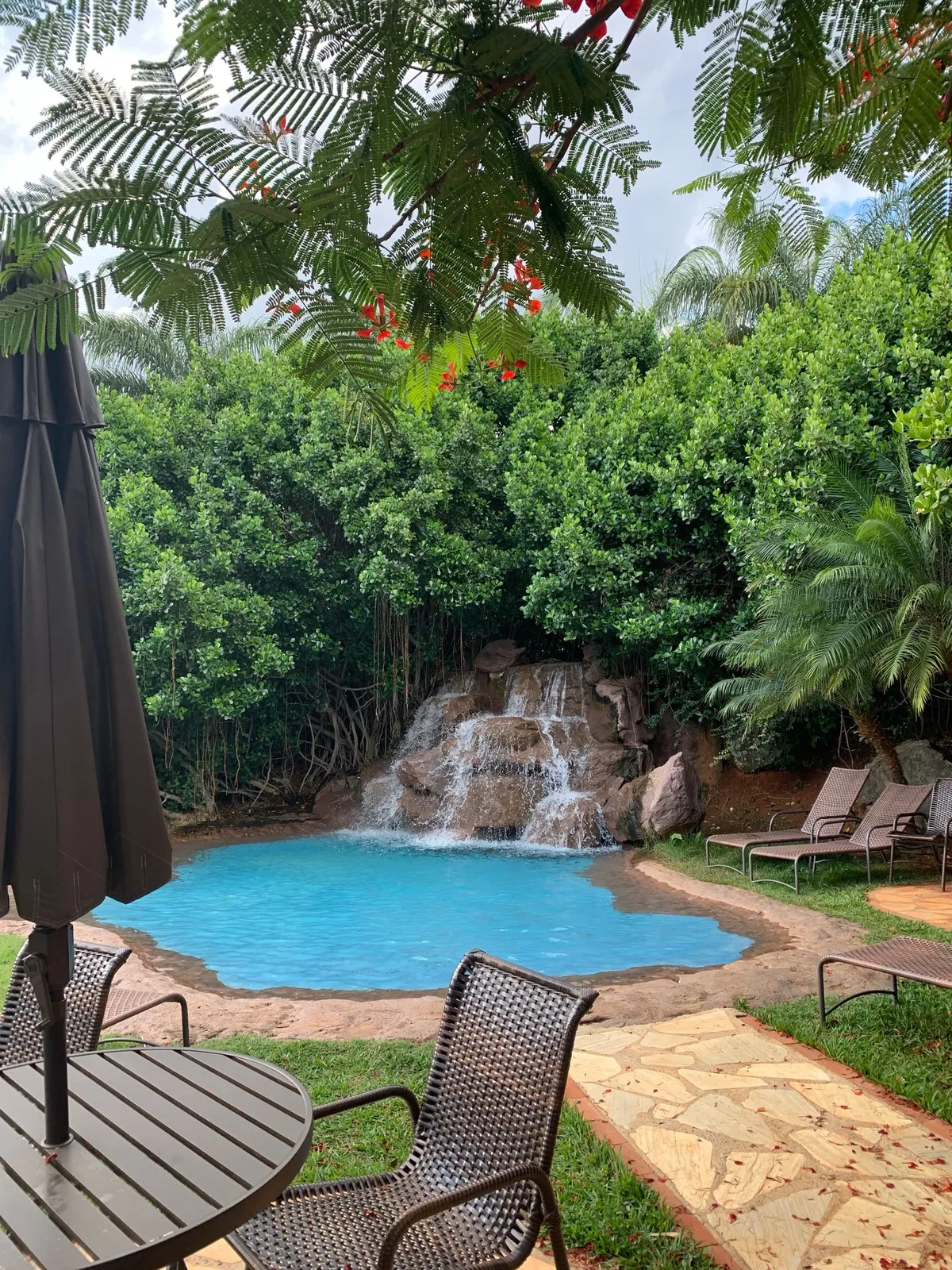 Backyard pool with a rock waterfall